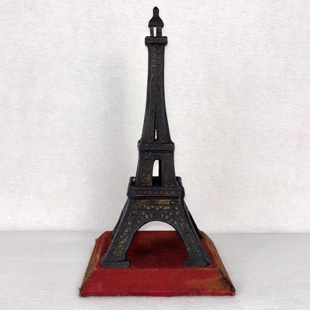VTG Anthropologie Paris Eiffel Tower Cast Metal Sculpture Red Satin Base 9.5”